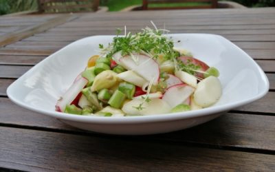 Roher Spargelsalat mit Radieschen, Tomate und Kresse