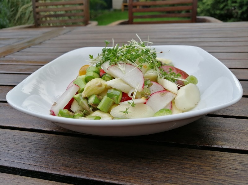 roher Spargelsalat mit Radieschen und Kresse